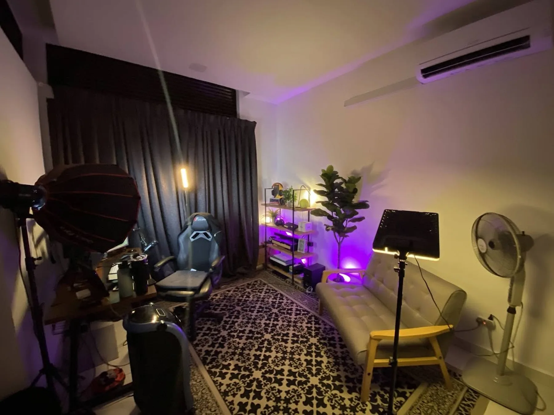 The whole room at night with the lights on: the softbox on its stand in the left foreground, the gaming chair and desk against the curtained window, a shelf lit purple with a fiddle-leaf plant beside it, a cream sofa and a wooden chair along the right wall, a patterned rug across the floor and a standing fan in the corner.